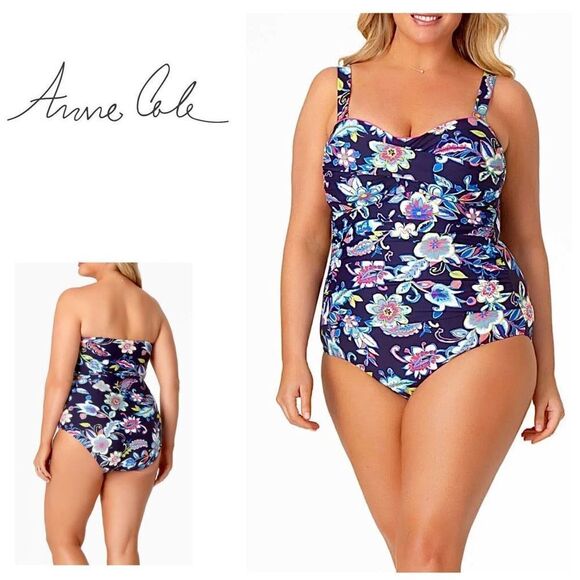New. Anne Cole Navy floral bandeau swimsuit. 16W - Picture 1 of 9
